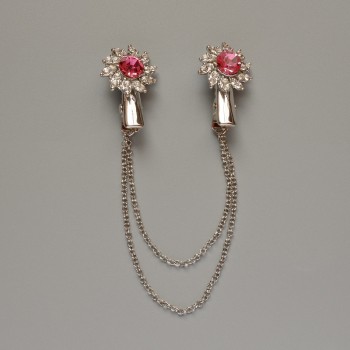 Flower Cardigan Brooch White Rhinestones, Pink Crystals, Silver-Tone Metal 18x25mm, 10cm Chain