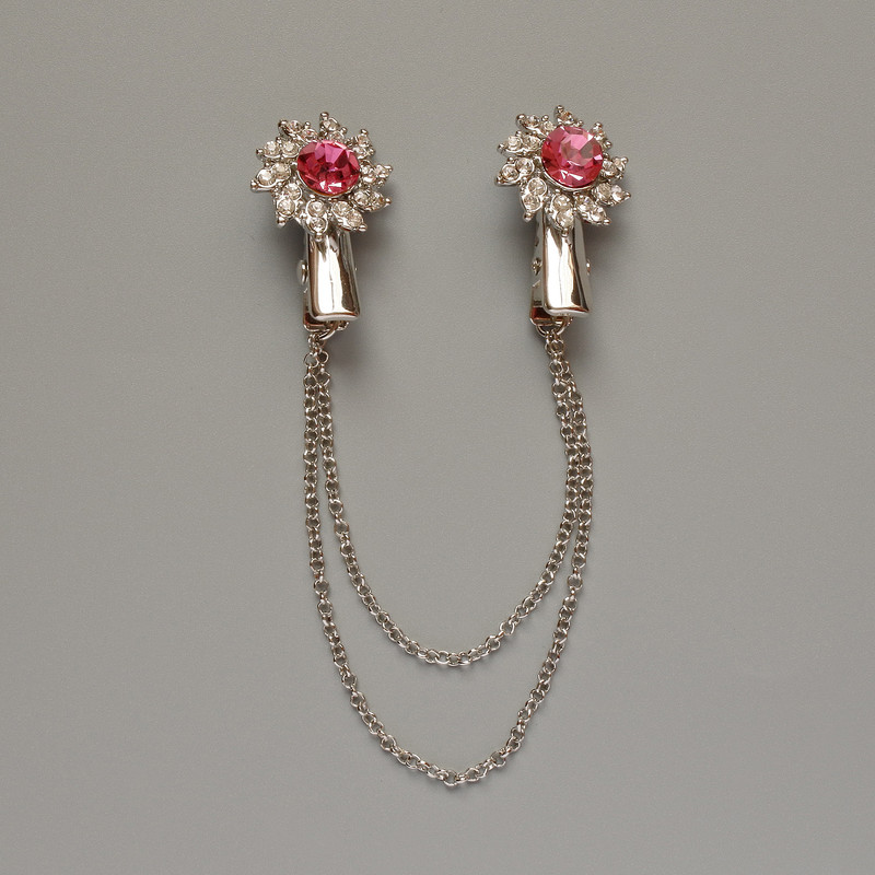 Flower Cardigan Brooch White Rhinestones, Pink Crystals, Silver-Tone Metal 18x25mm, 10cm Chain