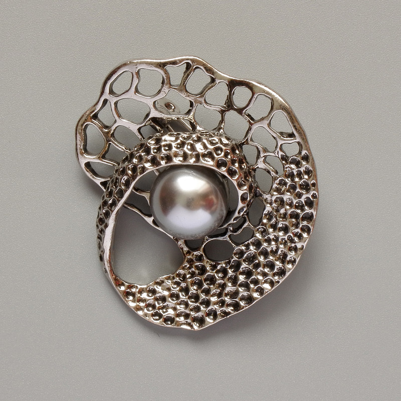 Accent Brooch Grey Bead Silver-Tone Metal 41x39mm