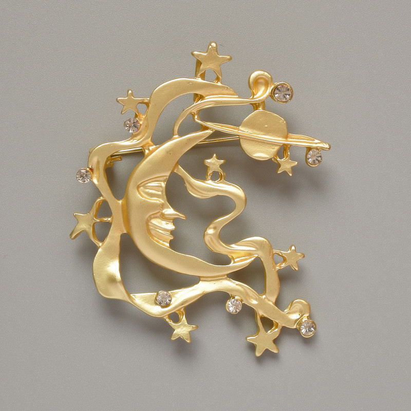 Moon Brooch Pendant White Rhinestones, Matte Gold-Tone Metal 43x51mm