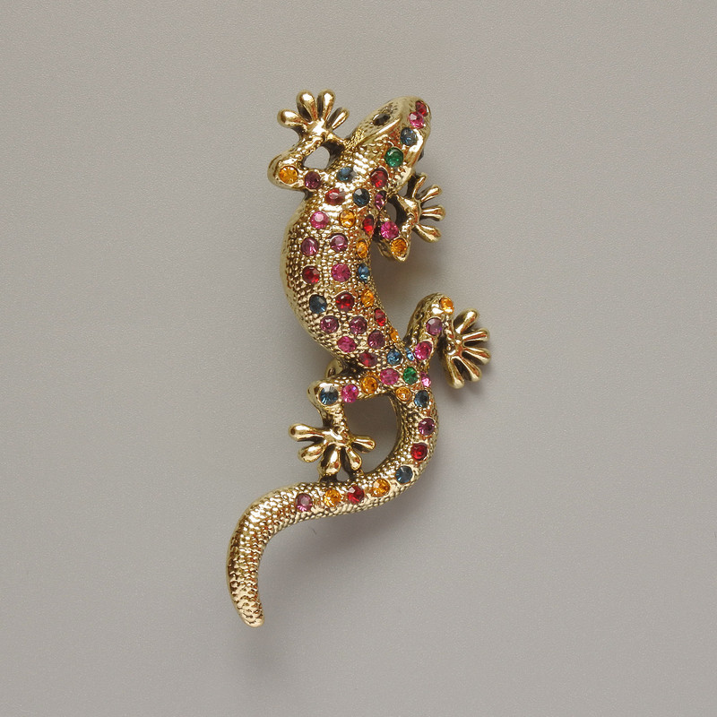 Lizard Brooch Multicolour Rhinestones Gold-Tone Metal 29x63mm