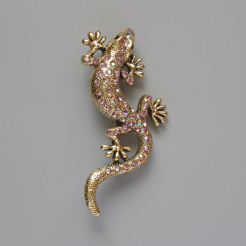 Lizard Brooch Pink Chameleon Rhinestones Gold-Tone Metal 29x63mm