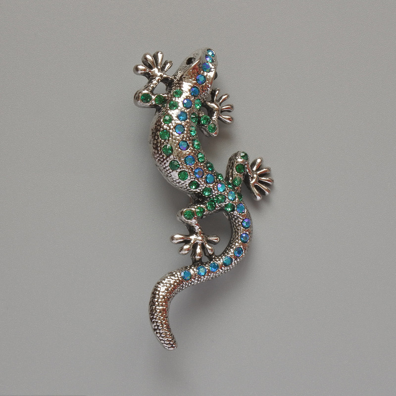 Lizard Brooch Green and Blue Rhinestones Silver-Tone Metal 29x63mm