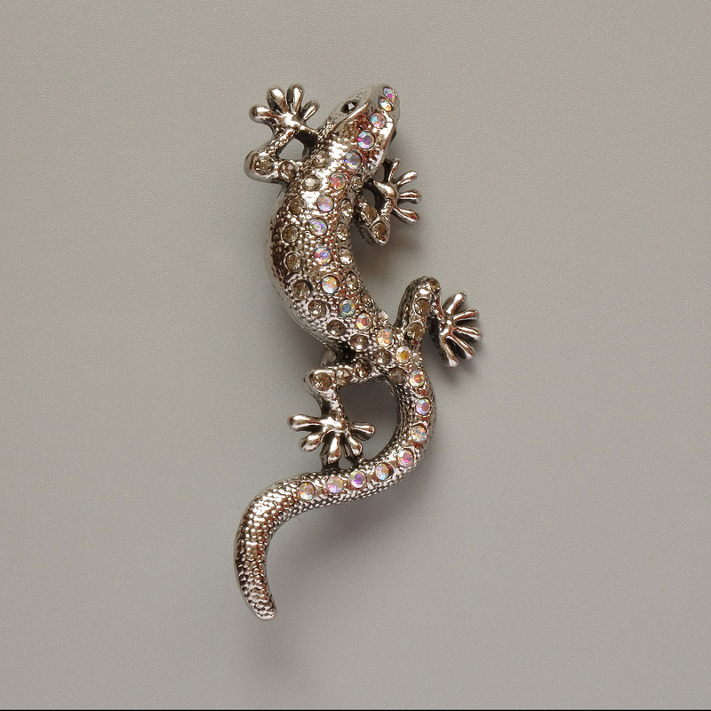 Lizard Brooch Pink Chameleon Rhinestones Silver-Tone Metal 29x63mm