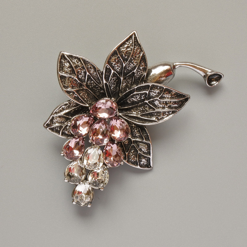 Flower Brooch Pendant, White and Pink Crystals, Dark Silver-Tone Metal, 43x60mm