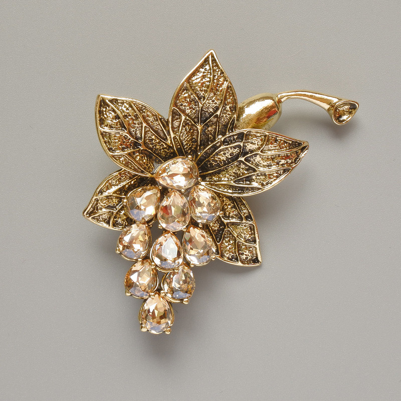 Flower Brooch Pendant, Yellow Crystals, Gold-Tone Metal, 43x60mm