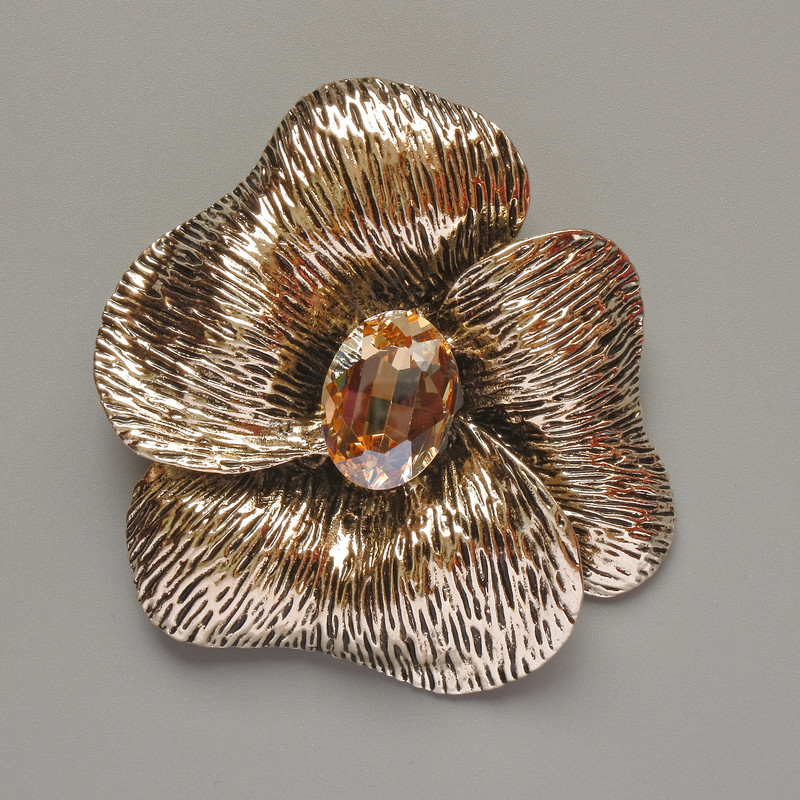 Flower Brooch Pendant, Yellow Crystal, Light Gold-Tone Metal, 55x63mm