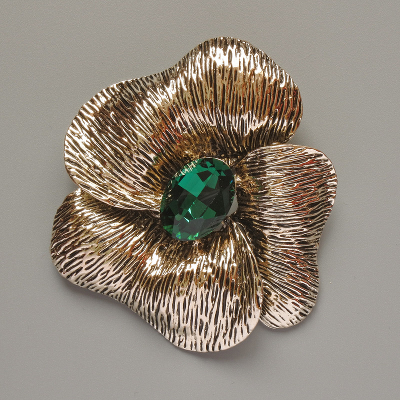 Flower Brooch Pendant, Green Crystal, Light Gold-Tone Metal, 55x63mm