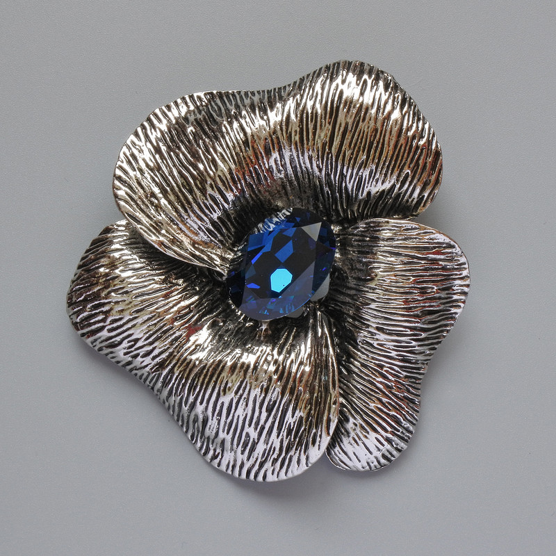 Flower Brooch Pendant, Blue Crystal, Silver-Tone Metal, 55x63mm