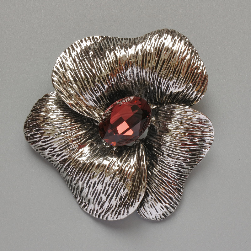 Flower Brooch Pendant, Red Crystal, Silver-Tone Metal, 55x63mm