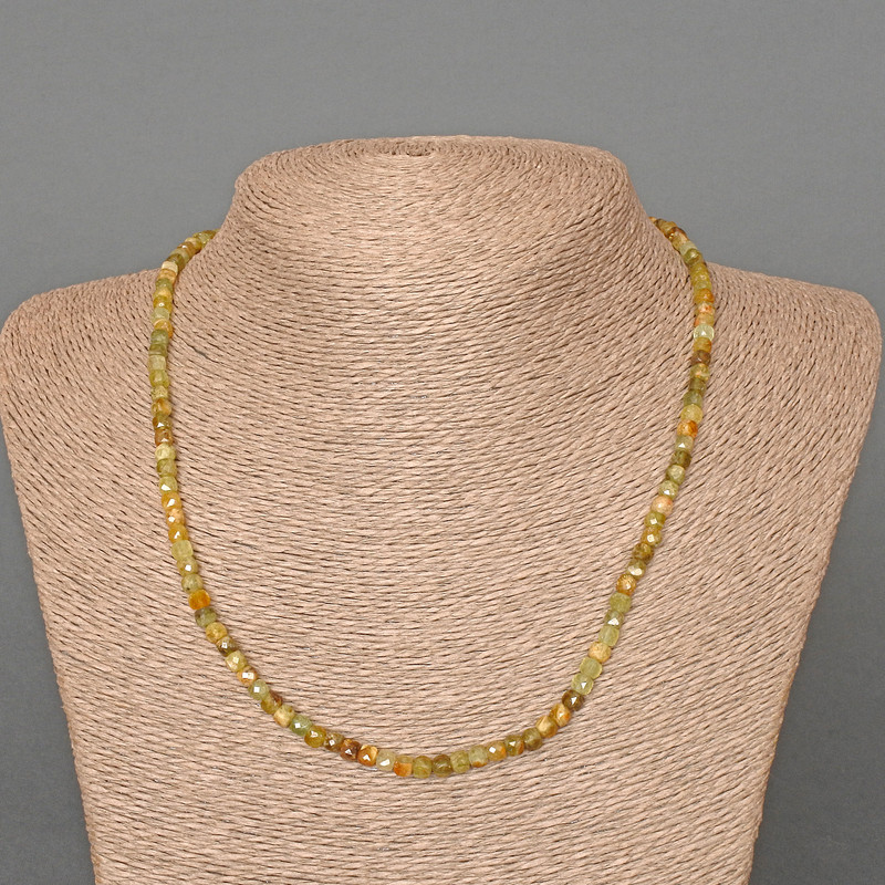 Grossular (Green Garnet) Natural Stone Faceted Cube Necklace, diameter 4mm+/-, length 47cm+