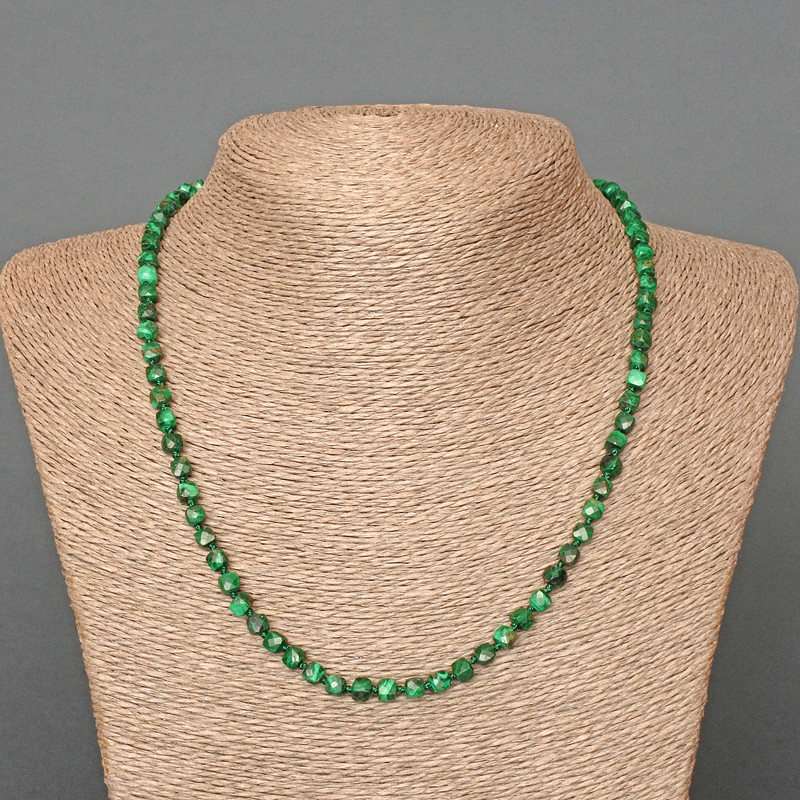 Malachite Necklace, natural stone faceted cube, diameter 4.5mm+/-, length 50cm+
