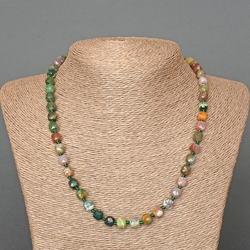 Green Jasper Necklace, Natural Stone Faceted Cube, Diameter 7mm+/-, Length 51cm+