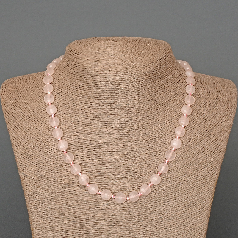 Rose Quartz Necklace, Natural Stone Faceted Coin Beads, Diameter 8x5.5mm+/-, Length 46cm+
