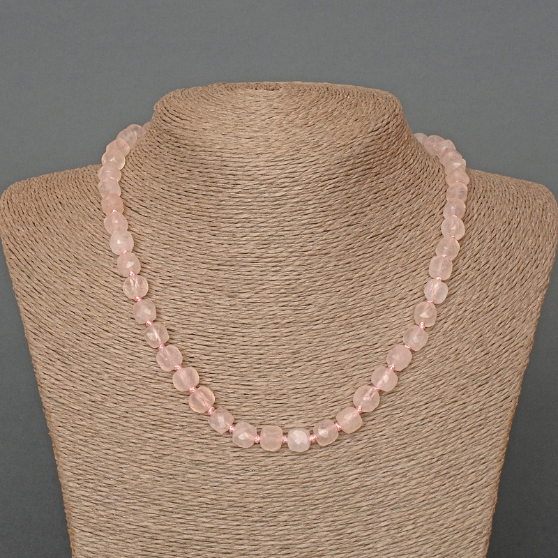 Rose Quartz Necklace, Natural Stone Faceted Cube Beads, Diameter 7mm+/-, Length 48cm+