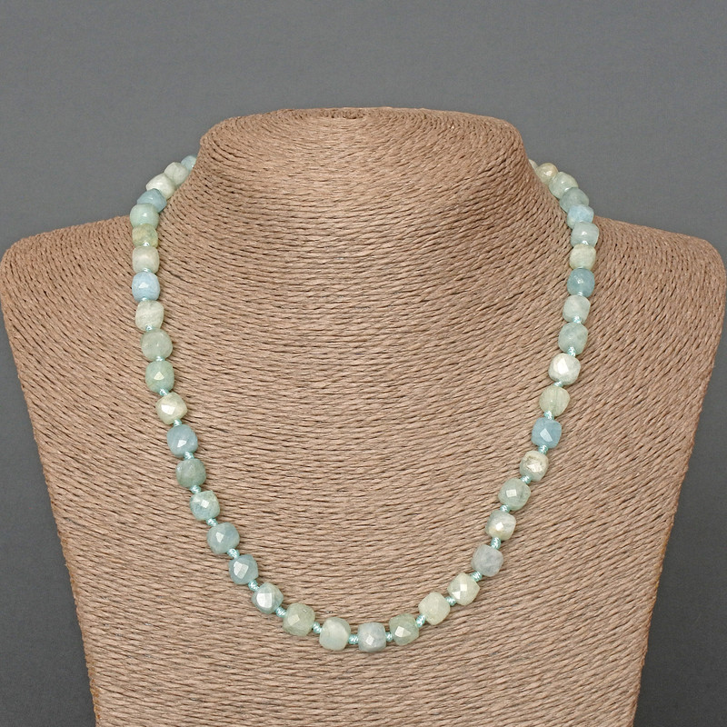 Necklace Aquamarine Natural Stone Faceted Cube, diameter 7mm+-, length 50cm+
