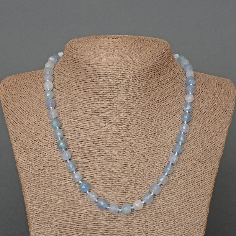 Necklace Aquamarine Natural Stone Faceted Cube, diameter 7.5mm+-, length 50cm+