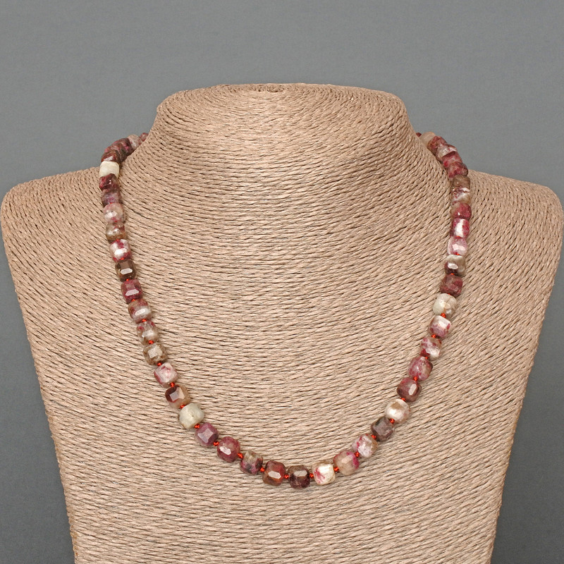 Tourmaline Natural Stone Faceted Cube Necklace, diameter 7mm+/-, length 49cm+