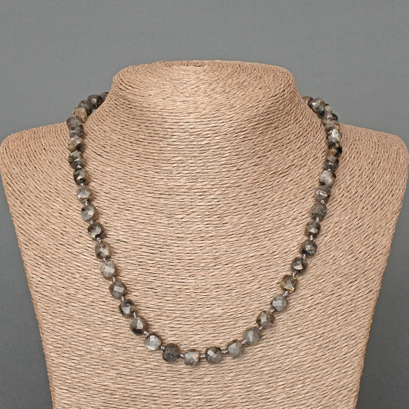 Larvikite Natural Stone Faceted Cube Necklace, diameter 7mm+/-, length 50cm+
