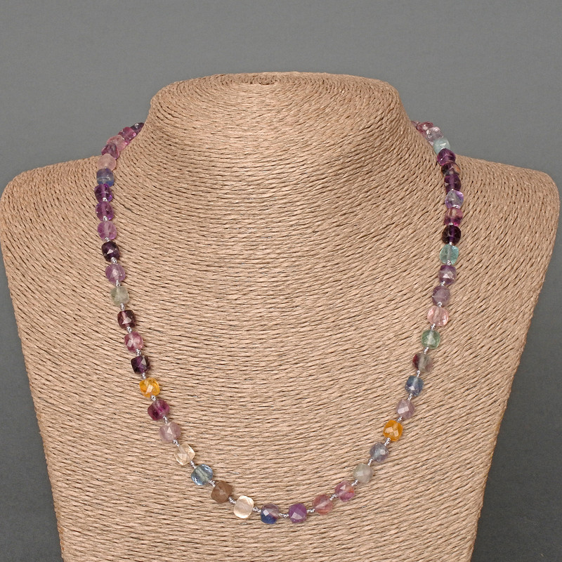 Clearance! Necklace Fluorite Natural Stone Faceted Cube, diameter 6mm+-, length 51cm+