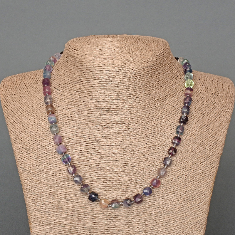 Clearance! Necklace Fluorite Natural Stone Faceted Cube, diameter 7mm+-, length 50cm+