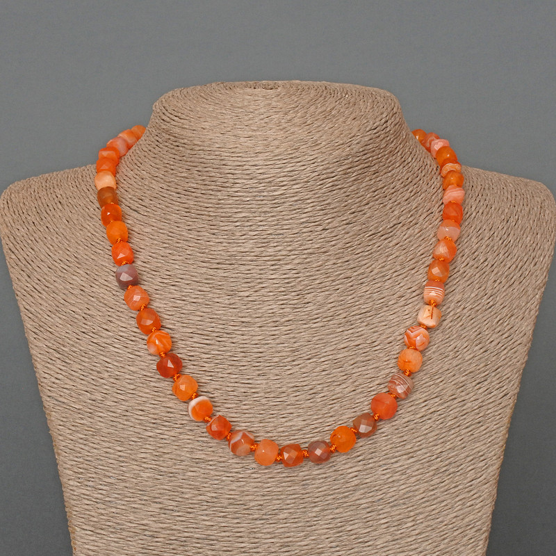 Necklace Carnelian Natural Stone Faceted Cube, diameter 7mm+-, length 47cm+