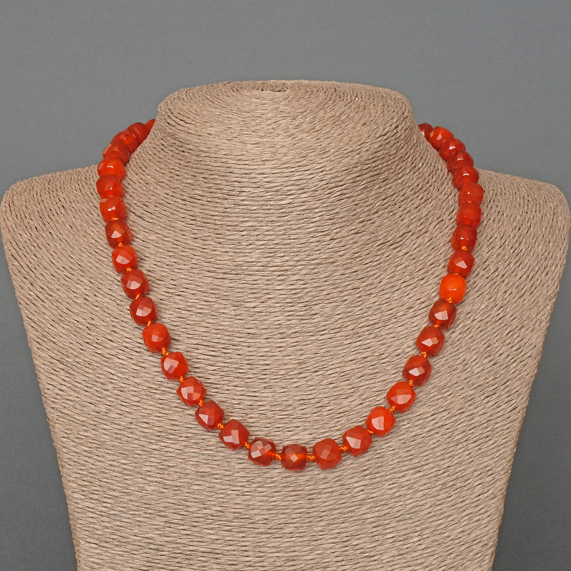 Necklace Carnelian Natural Stone Faceted Cube, diameter 9mm+-, length 46cm+