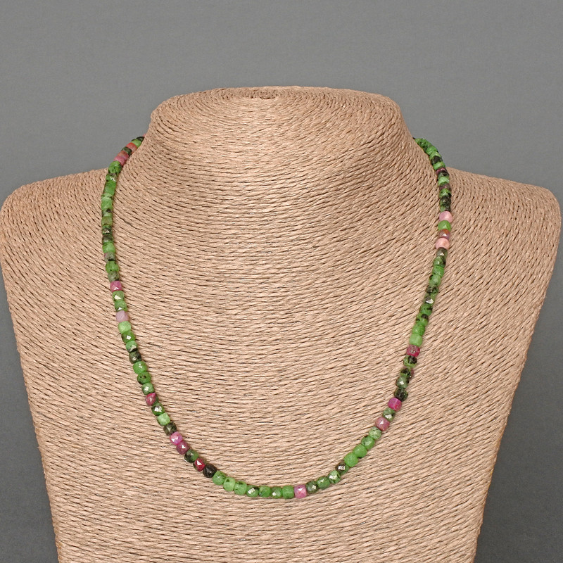 Zoisite Necklace, natural stone faceted cube, diameter 4mm+/-, length 48cm+