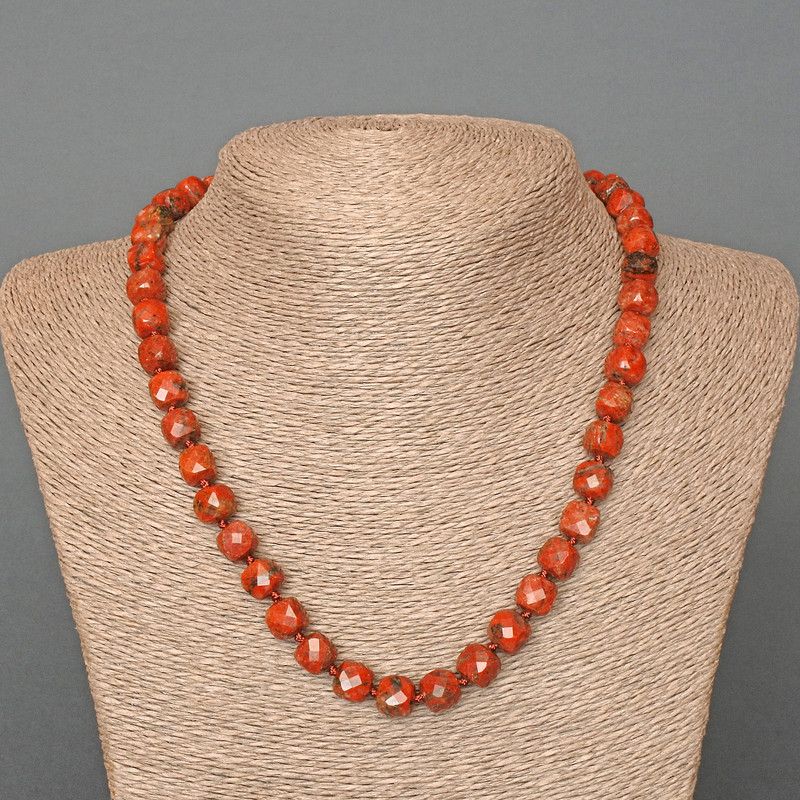 Necklace Red Jasper Natural Stone Faceted Cube, diameter 9mm+-, length 48cm+