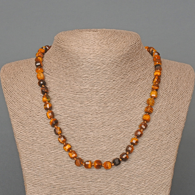 Tiger's Eye Natural Stone Faceted Cube Necklace, diameter 7mm+/-, length 49cm+