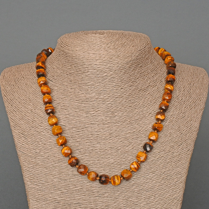 Tiger's Eye Necklace, natural stone faceted cube, diameter 9mm+/-, length 50cm+