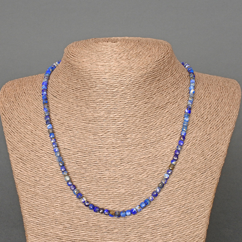 Lapis Lazuli Necklace, natural stone faceted cube, diameter 4mm+/-, length 47cm+