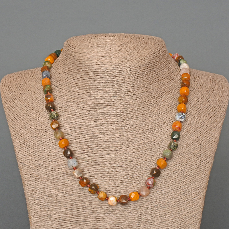 Jasper Necklace, natural stone faceted cube, diameter 7.5mm+/-, length 48cm+