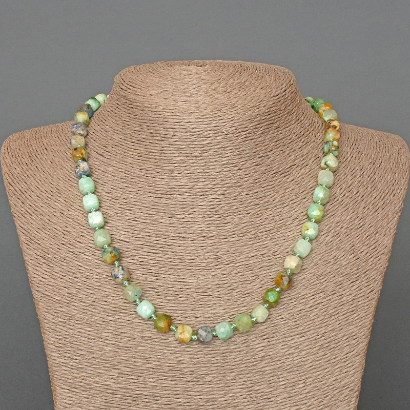 Chrysocolla Lapis Lazuli Necklace, natural stone faceted cube, diameter 7mm+-, length 50cm+