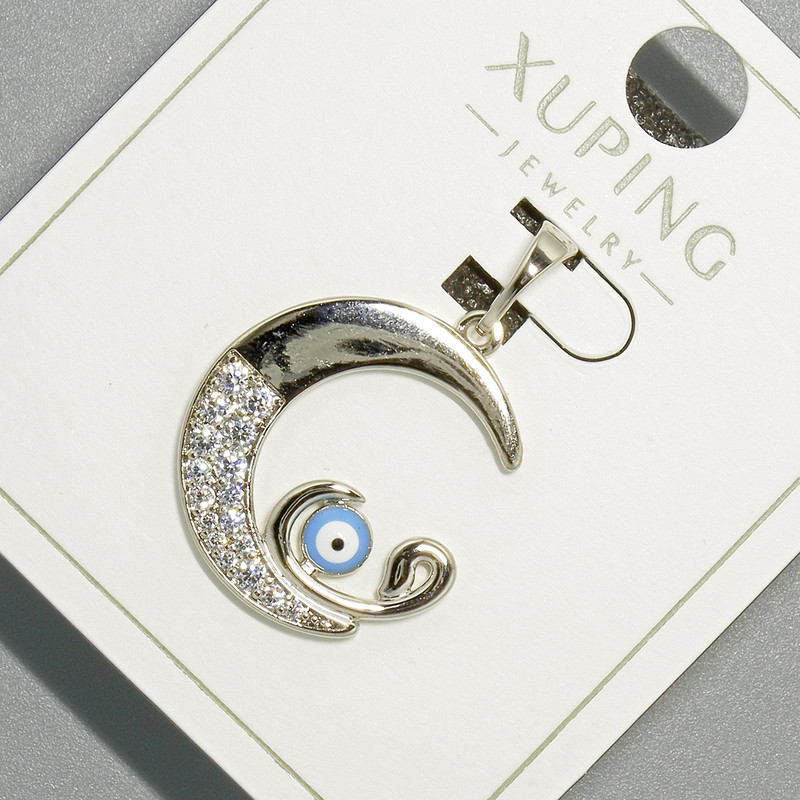 Xuping "Moon Eye" Pendant with White Rhinestones and Blue Enamel, diameter 18.5x19.5mm+/-, length 26mm+/- rhodium