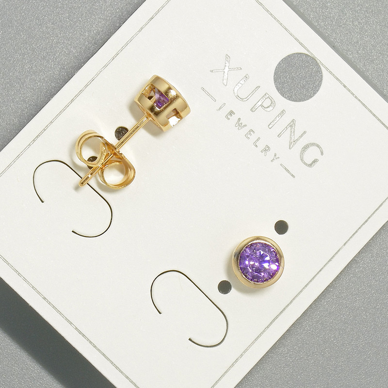 Xuping Stud Earrings with Purple Crystal, round setting, diameter 6mm gold-plated
