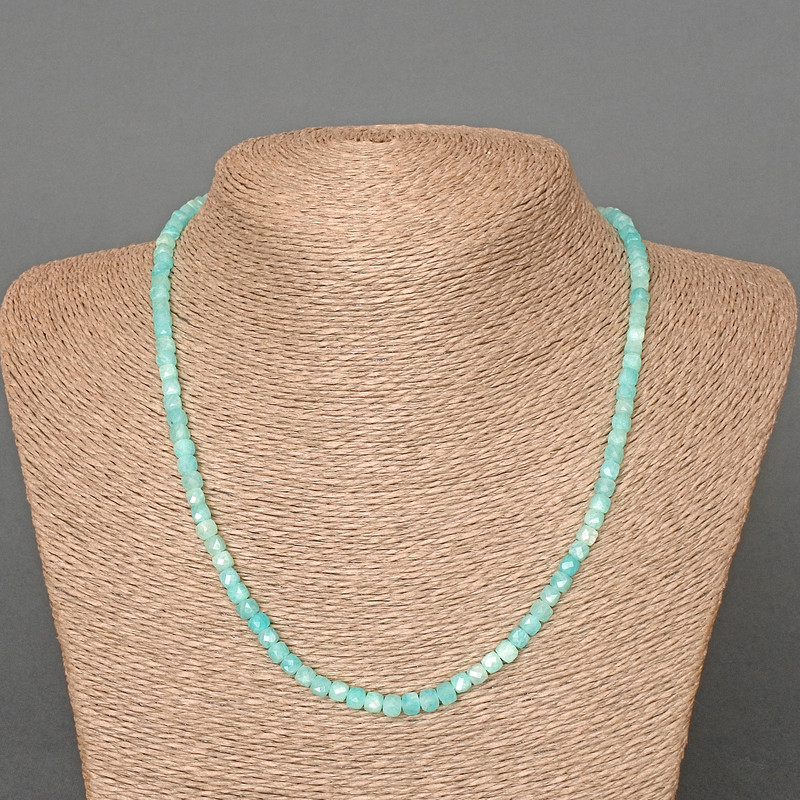 Amazonite Necklace, natural stone, faceted cube beads, diameter 4mm+/-, length 48cm+