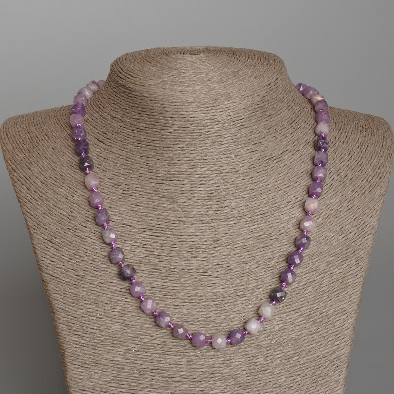 Lepidolite Necklace, natural stone, faceted cube, diameter 7mm+-, length 50cm+