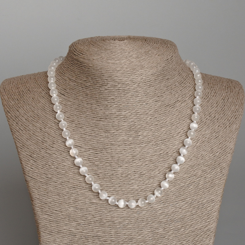 White Cat's Eye Necklace, smooth round beads, diameter 6.5mm+-, length 48cm+