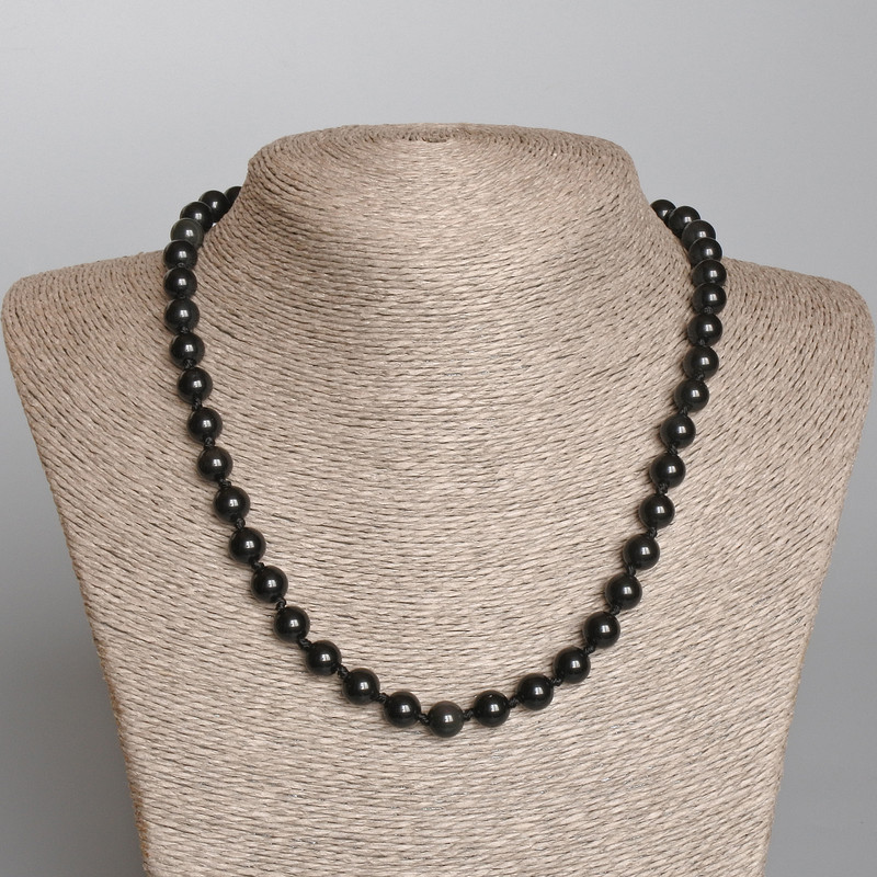 Silver Obsidian Necklace, natural stone, smooth round beads, diameter 8mm+-, length 49cm+