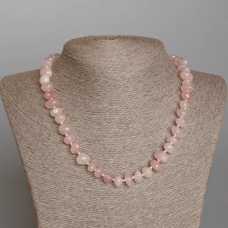 Rose Quartz Necklace, natural stone tumbled beads, diameter 11x6mm+-, length 46cm+