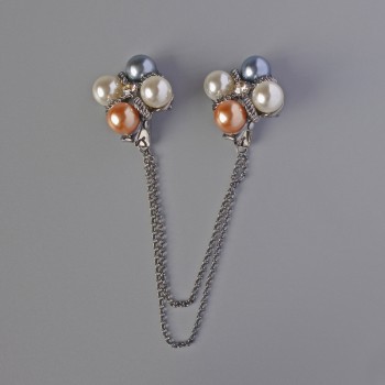 "Accent" Cardigan Brooch white, yellow, grey beads, silver-tone metal 22mm, chain 12cm