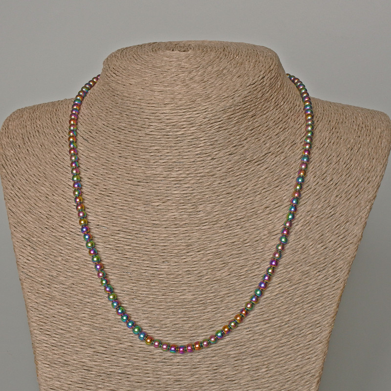 Hematite Necklace with 'Petrol' Coating, Smooth Round Beads, Diameter 4mm+/-, Length 48cm+