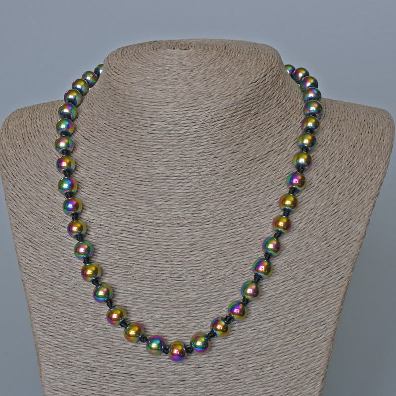 Hematite Necklace with 'Petrol' Coating, Smooth Round Beads, Diameter 9mm+/-, Length 50cm+