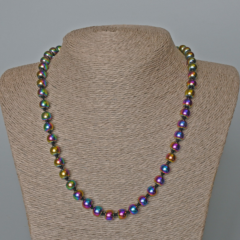 Necklace Hematite with “Petrol” Coating Smooth Round Bead, Diameter 8mm+/-, Length 50cm+
