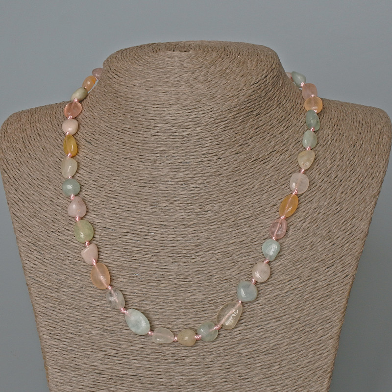 Morganite Necklace, Natural Stone Tumbled Bead, Diameter 9x12mm+-, Length 49cm+