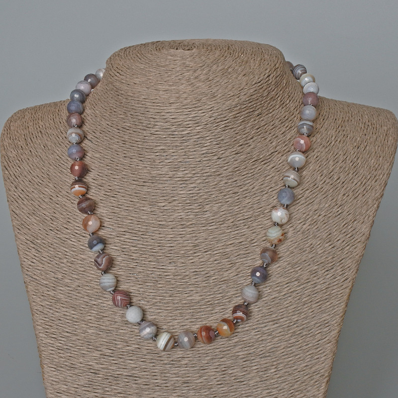 Botswana Agate Necklace, natural stone faceted round bead, diameter 8mm+-, length 48cm+