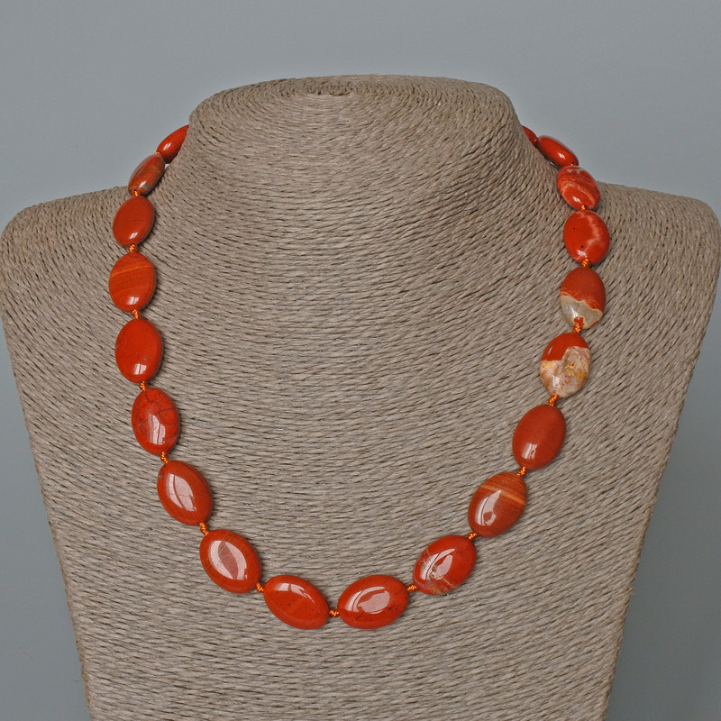 Red Jasper Necklace, natural stone oval, diameter 13x18mm+-, length 48cm+