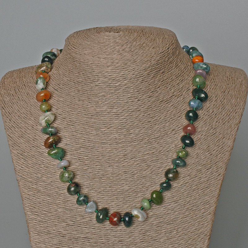 Moss Agate Necklace, natural stone tumbled, diameter 12x8mm+-, length 50cm+