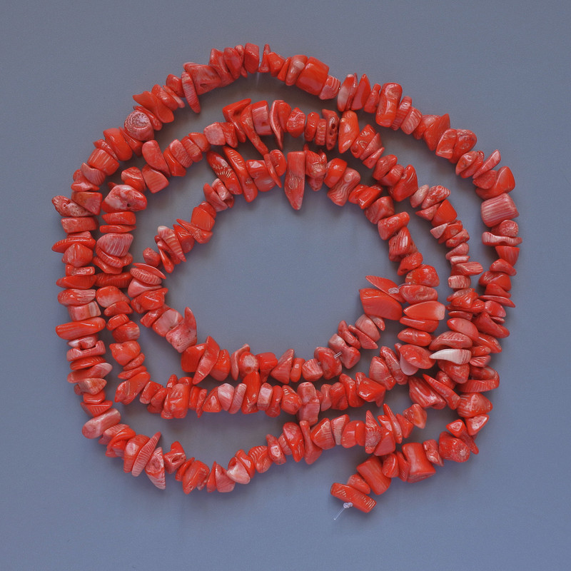 Beads Natural Carrot Coral Chips, Diameter 9x4mm+/-, Length 90cm +/- on Fishing Line